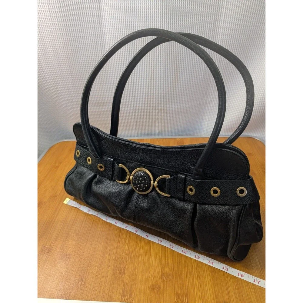 Adrienne Vittadini Black Leather Double Handle Shoulder Purse Hobo Belted (Q10)